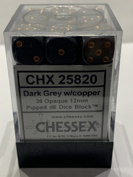 Chessex - 36 Dark Grey w/copper Opaque - 12 mm in Acrylbox