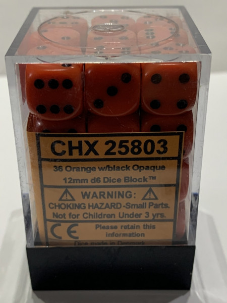 Chessex - 36 Orange w/black Opaque - 12mm in Acrylbox